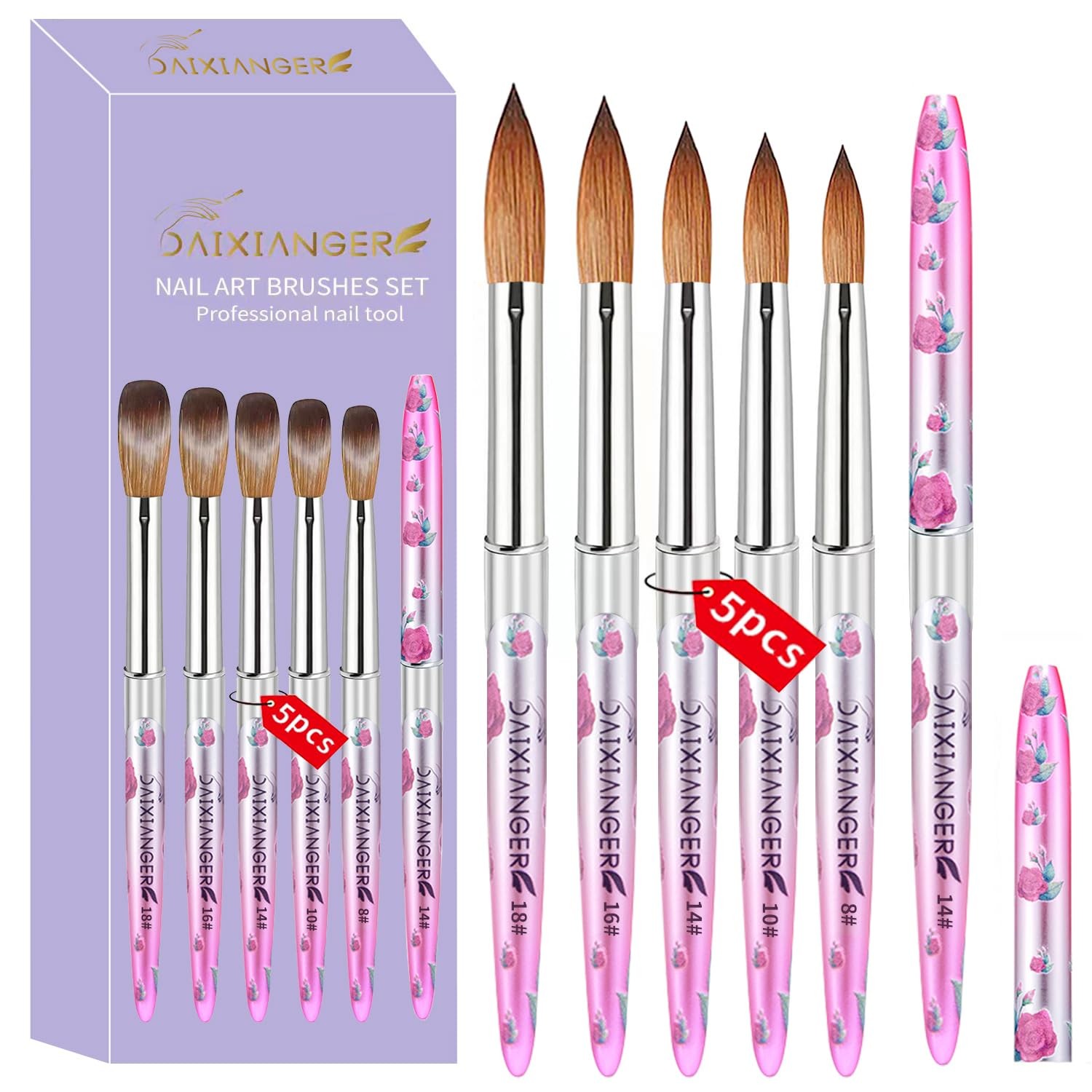 5PCS Acrylic Nail Brush Set – Size 8/10/14/16/18 Brushes for Acrylic Applicat…