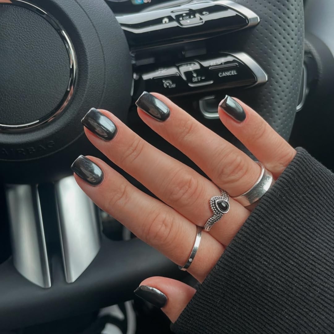 Press on Nails Short 24pcs Metallic Black Chrome Square Glue on Gel Nails Women