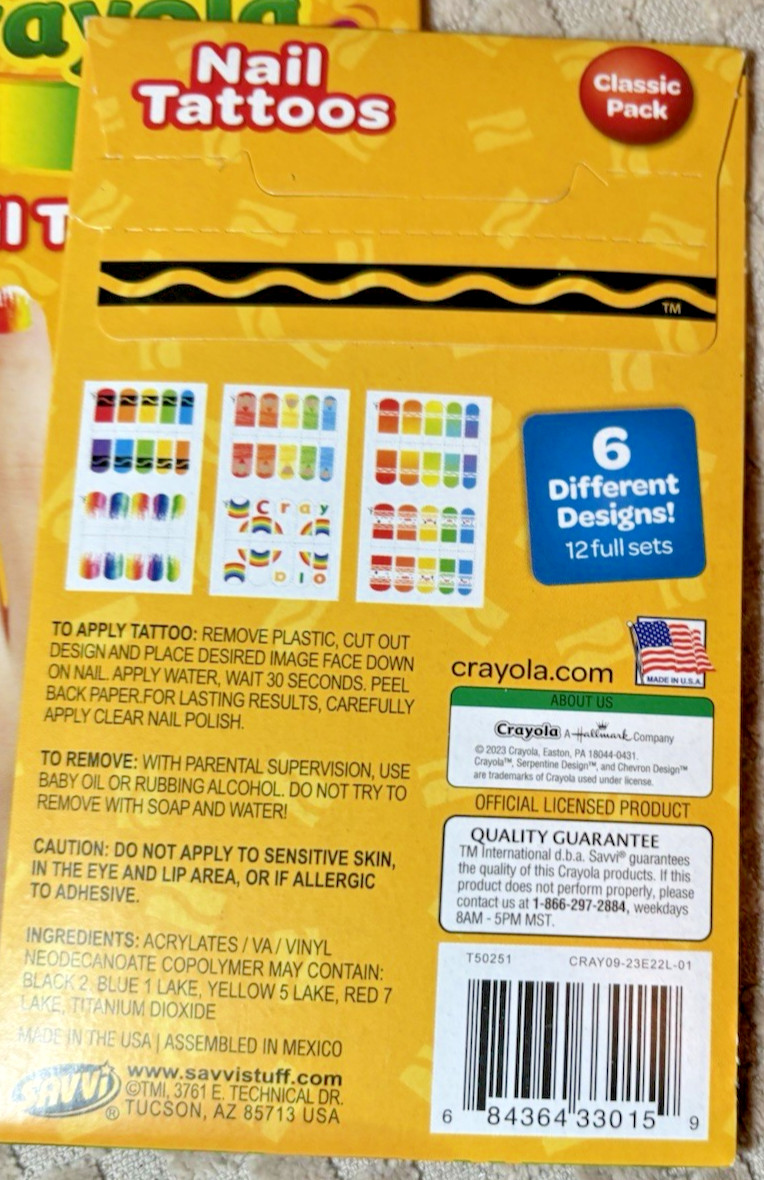 5 Crayola nail tattoos for kids Classic Pack 120 -EACH 6 Designs