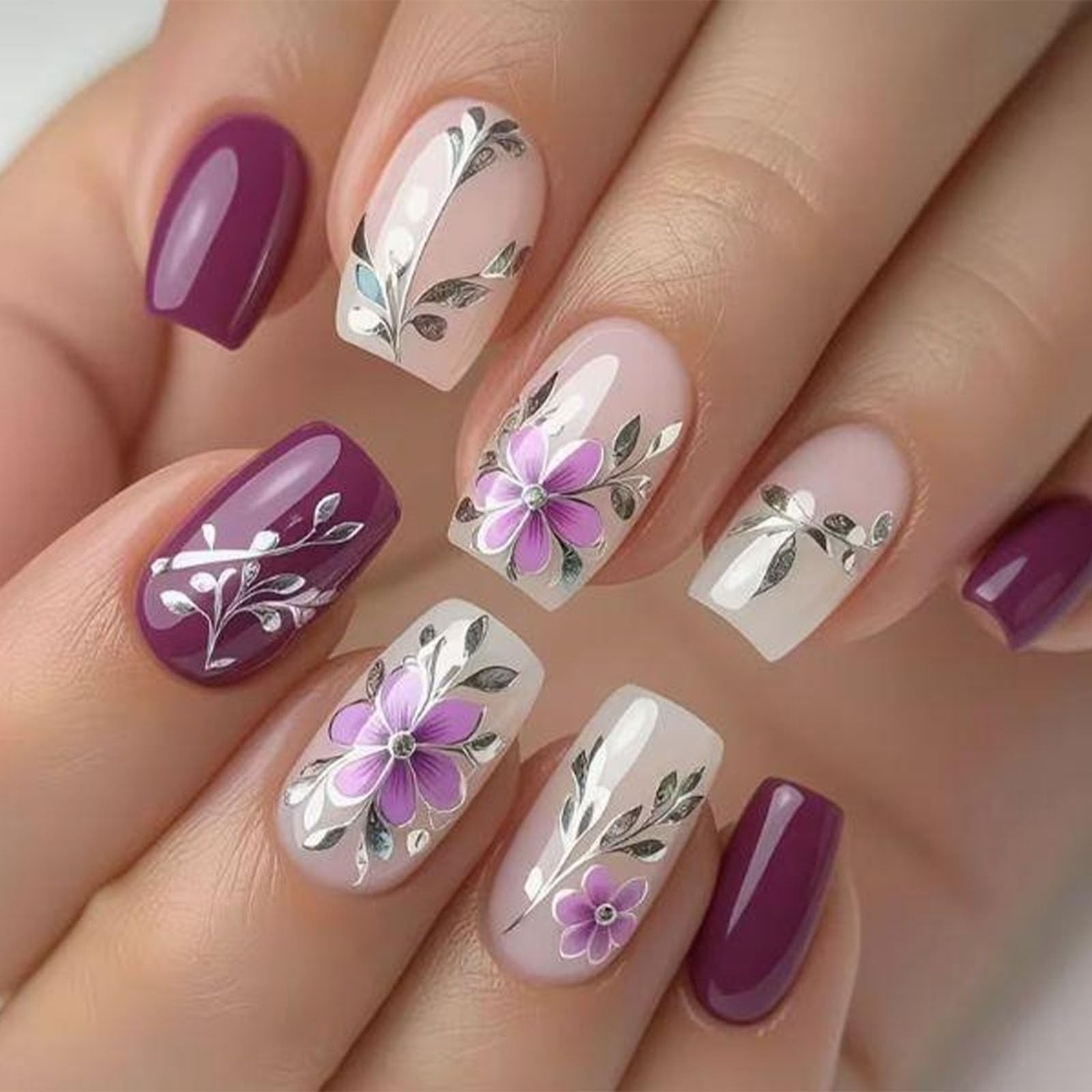 Square Press on Nails Medium Fake Nails with Silver Leaves Pink Flower Design…