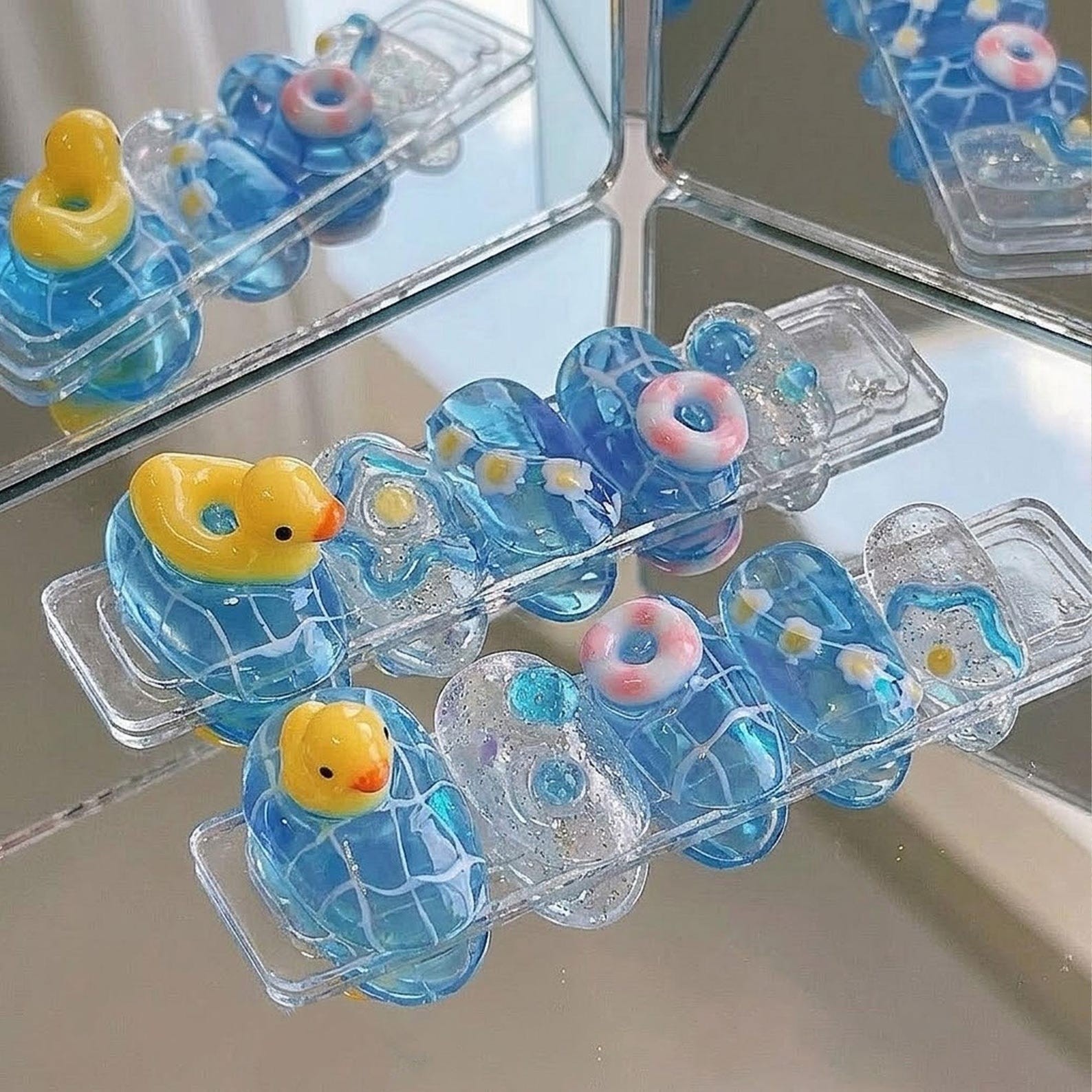 Handmade 3D Yellow Duck Donut Daisy Blue Clear Medium Almond Press on Nails