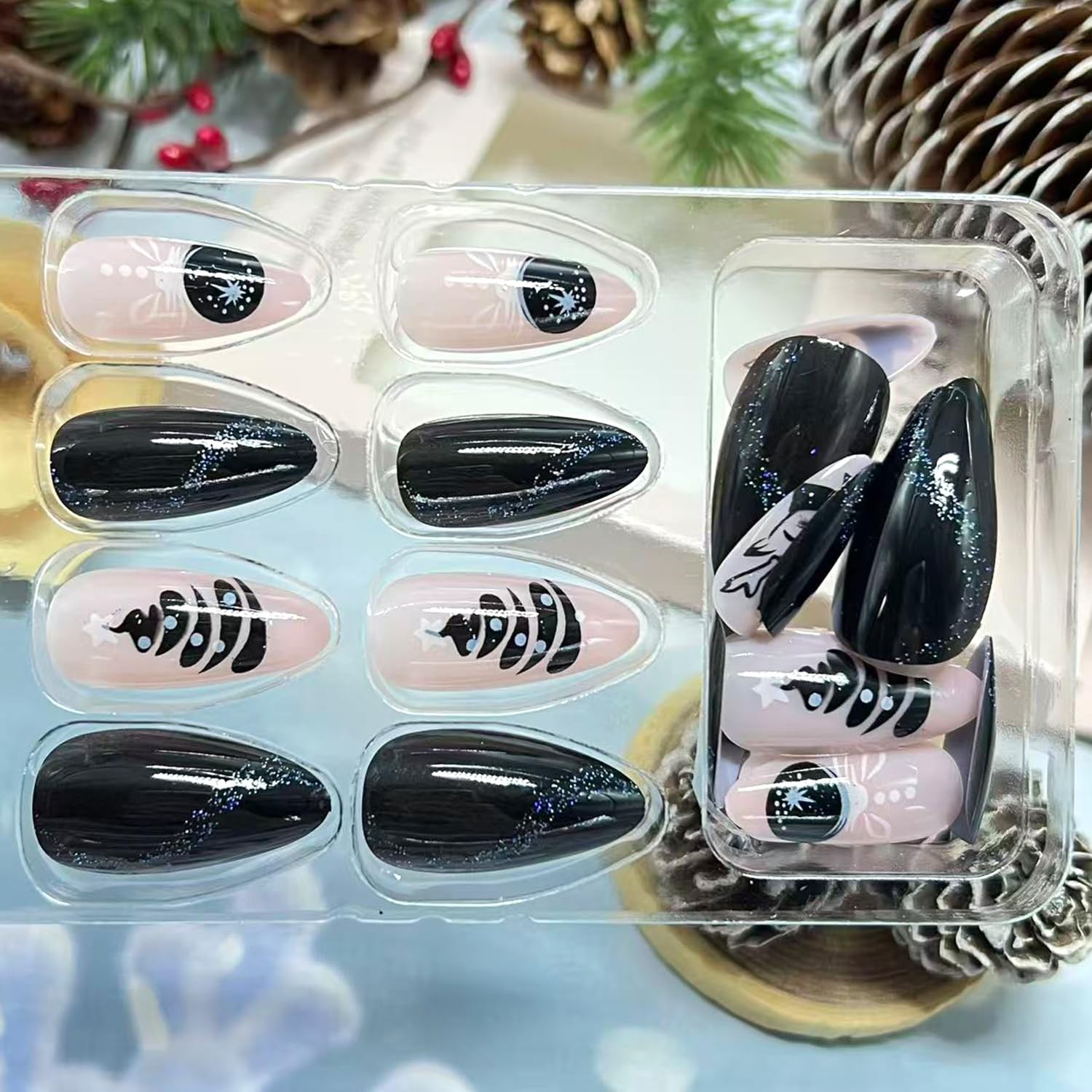 Winter Xmas Press on Nails Long Almond Fake Nail Glitter Blue Black…