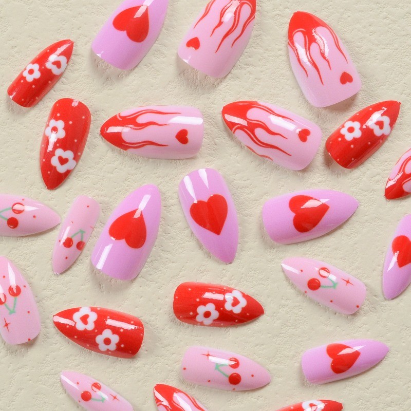 48 Cute Cherry Nails with Heart Shaped Flame Pattern Smooth Fake Nails