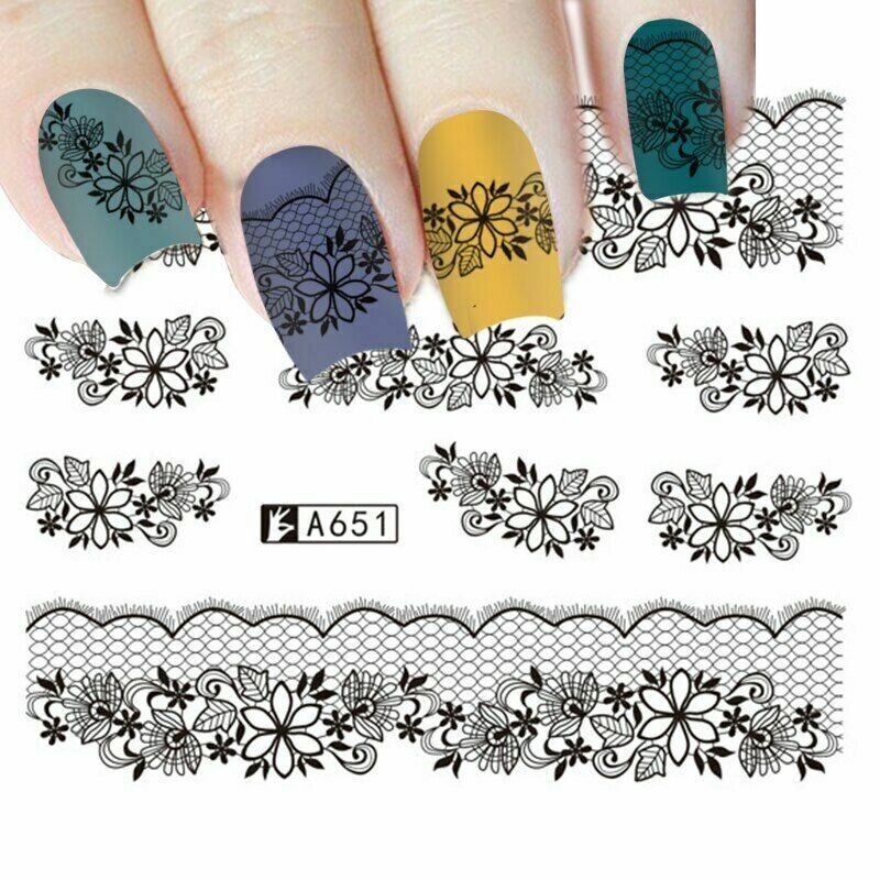 40 Sheets White Black Lace Nail Decals Water Transfers Wedding Stickers DIY NS11