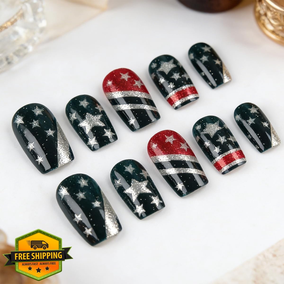 LFAAYYF Style8 Red White Blue Glitter French Tip Nails