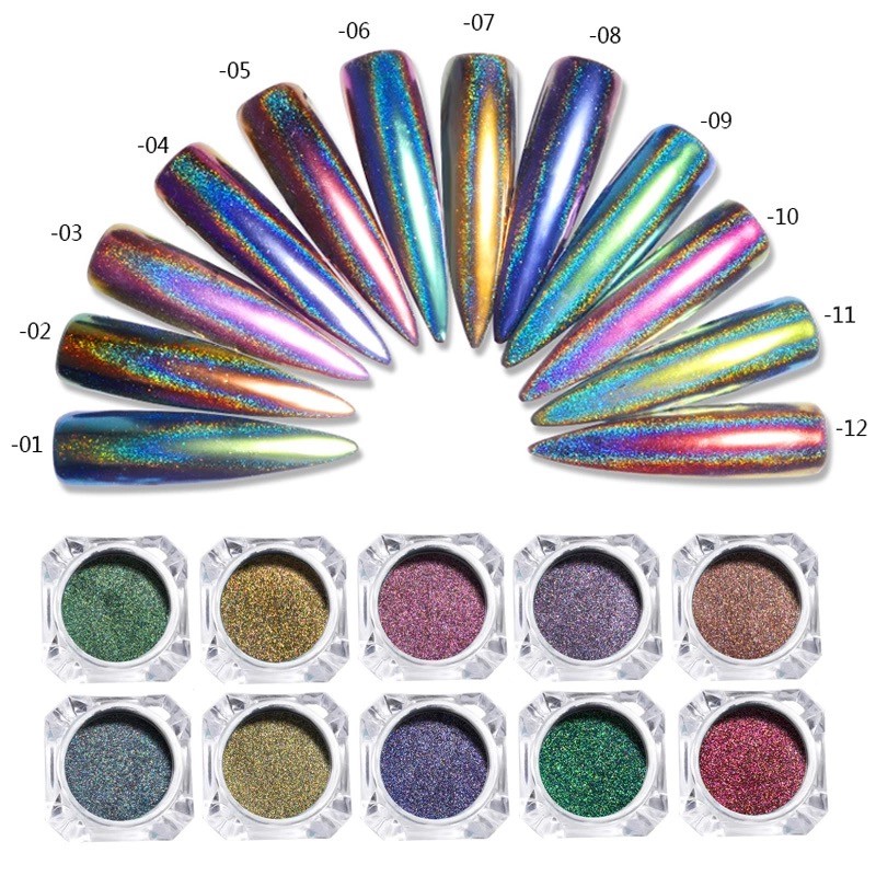 NEW CHAMELEON PEACOCK 12 colours HOLOGRAPHIC Nail Art Powder Nails Mirror Chrome