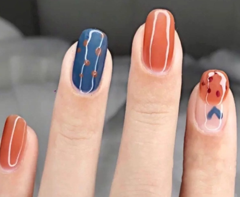 24 New Press on Nails Kit w glue orange blue contrast cute kawaii