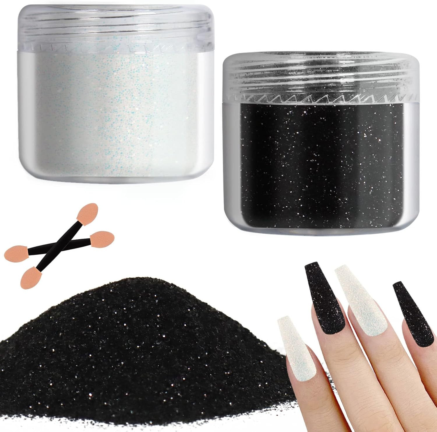 2 Colors Nail Glitter Dust – White Black Sand Powder Shining Sugar Effect Glitte