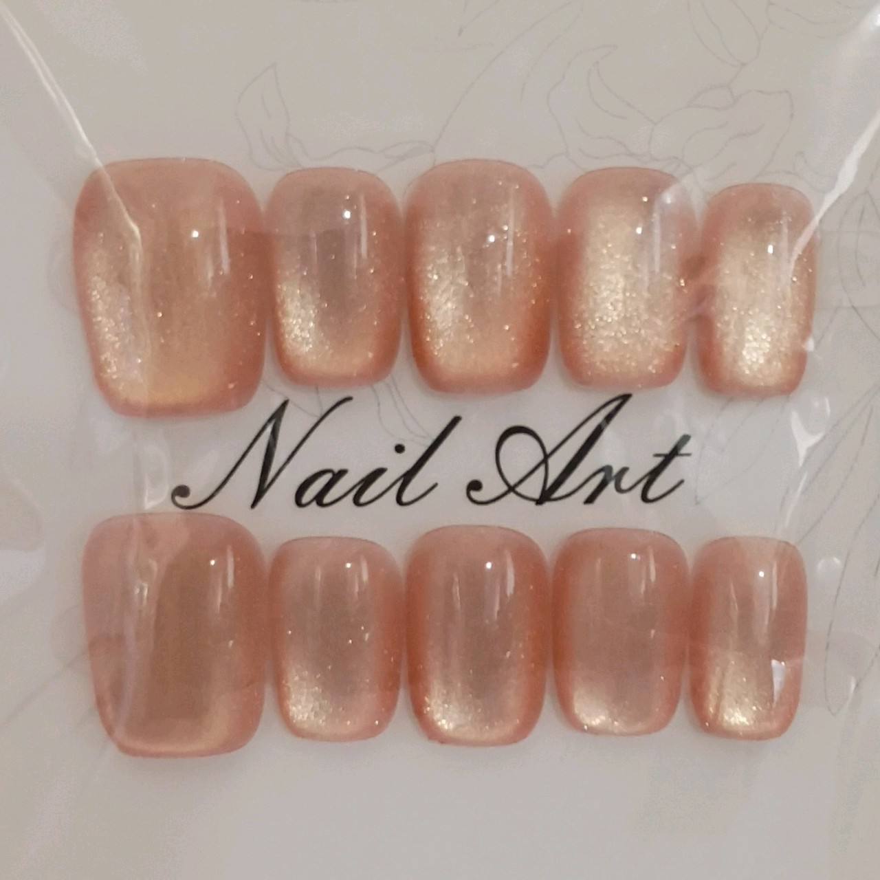 Press-On Nails Peach Gold Cat Eye Square Short, Size M