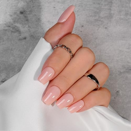 KQueenest Nude Pink Press On Nails Medium Square – Acrylic Coffin Nails, Sheer
