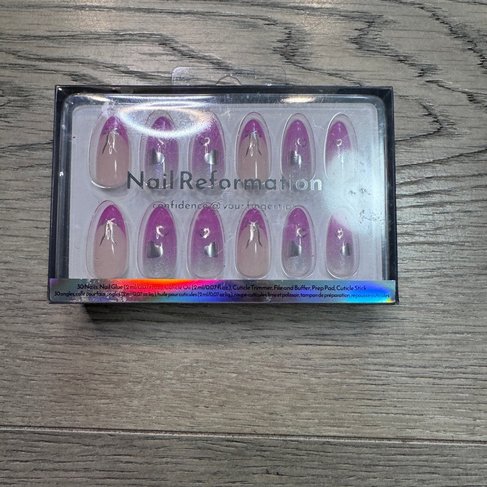 Nail Reformation Press On Nails Purple Ombre French Tip Silver Hearts Bows 30ct