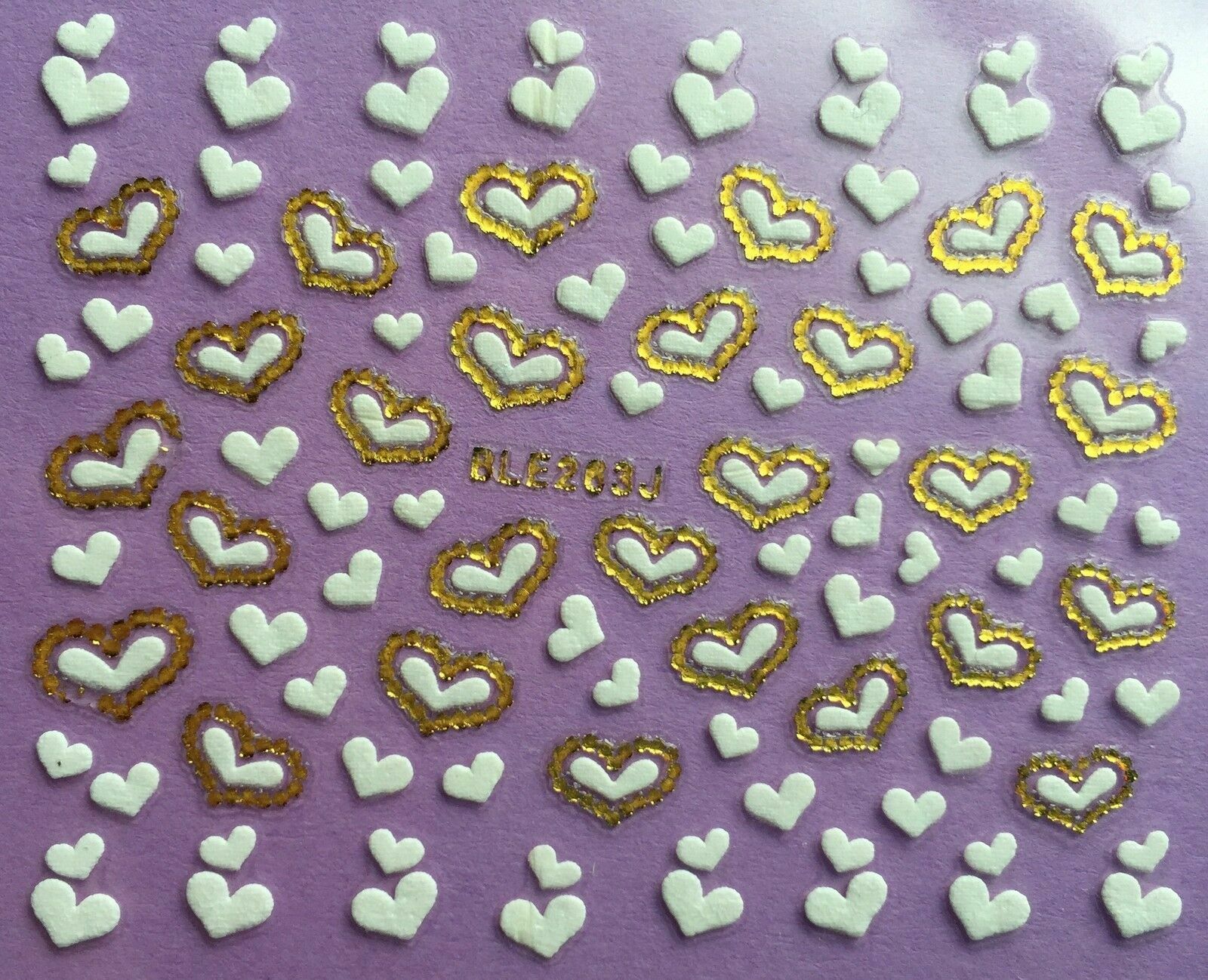 Nail Art 3D Decal Stickers White Hearts Gold Accents BLE263J