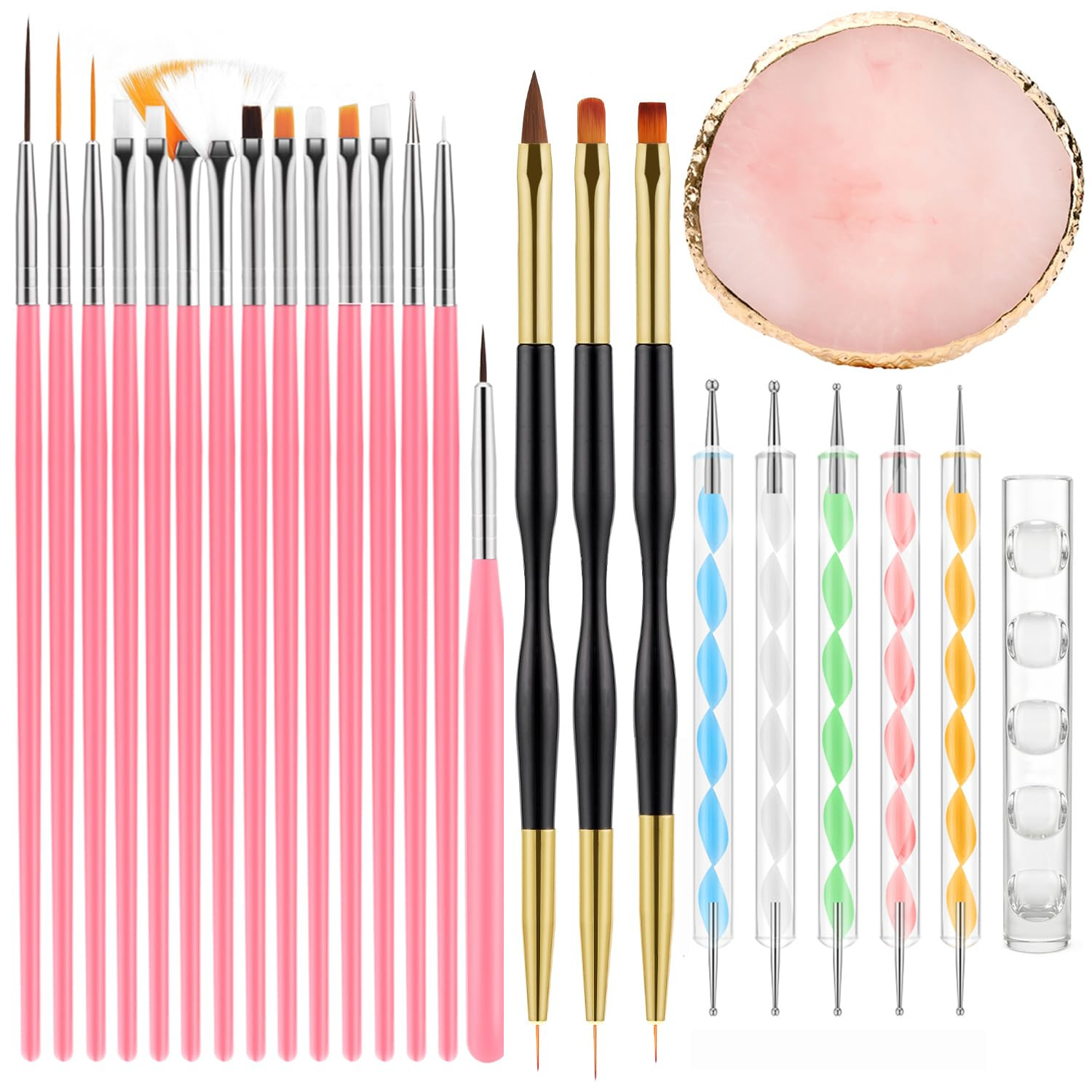 25Pcs Nail Art Tools Set,Nail Art Brushes,Resin Palette and Stand | 2-Way Acryli