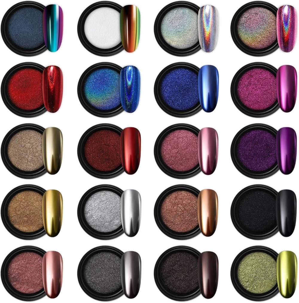 Artdone 20 Jars Chrome Nail Powder Set Metallic Mirror Effect Holographic Aurora