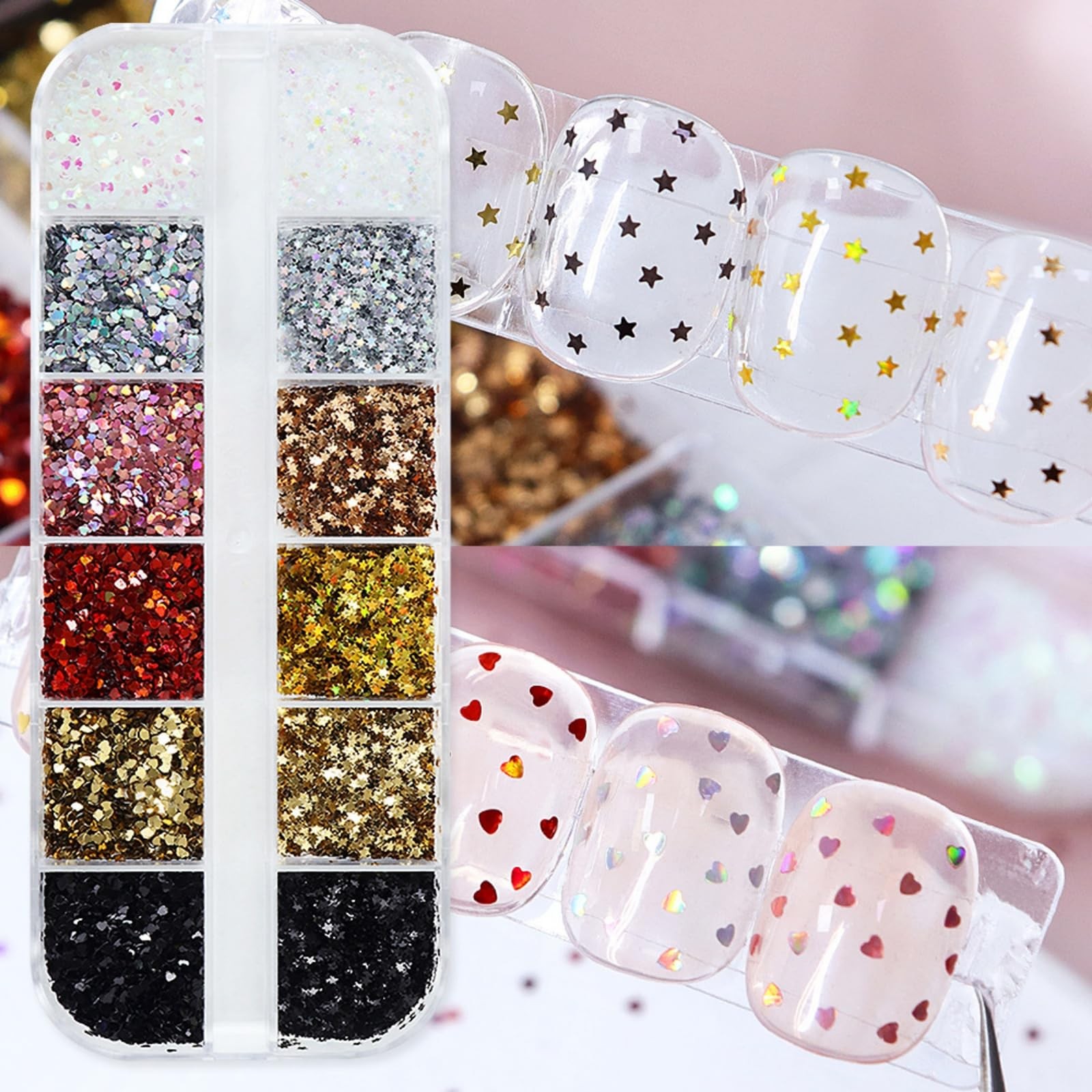 12 Boxes Valentines Laser Heart Nail Art Glitters Heart Star Nail Sequins Set…