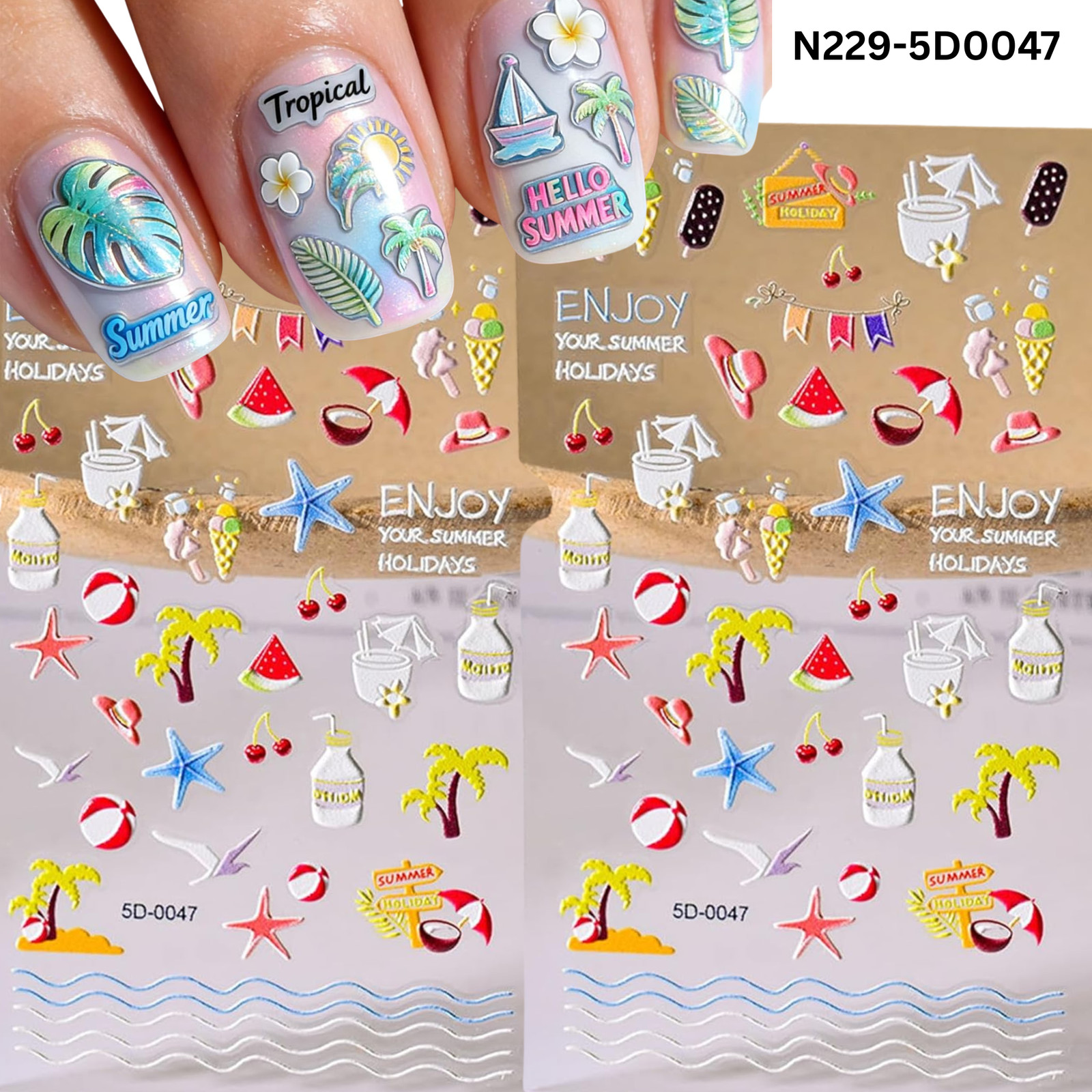 5D Summer Treats Nail Art Stickers – Ice Cream, Watermelon & Cocktail Decals – T