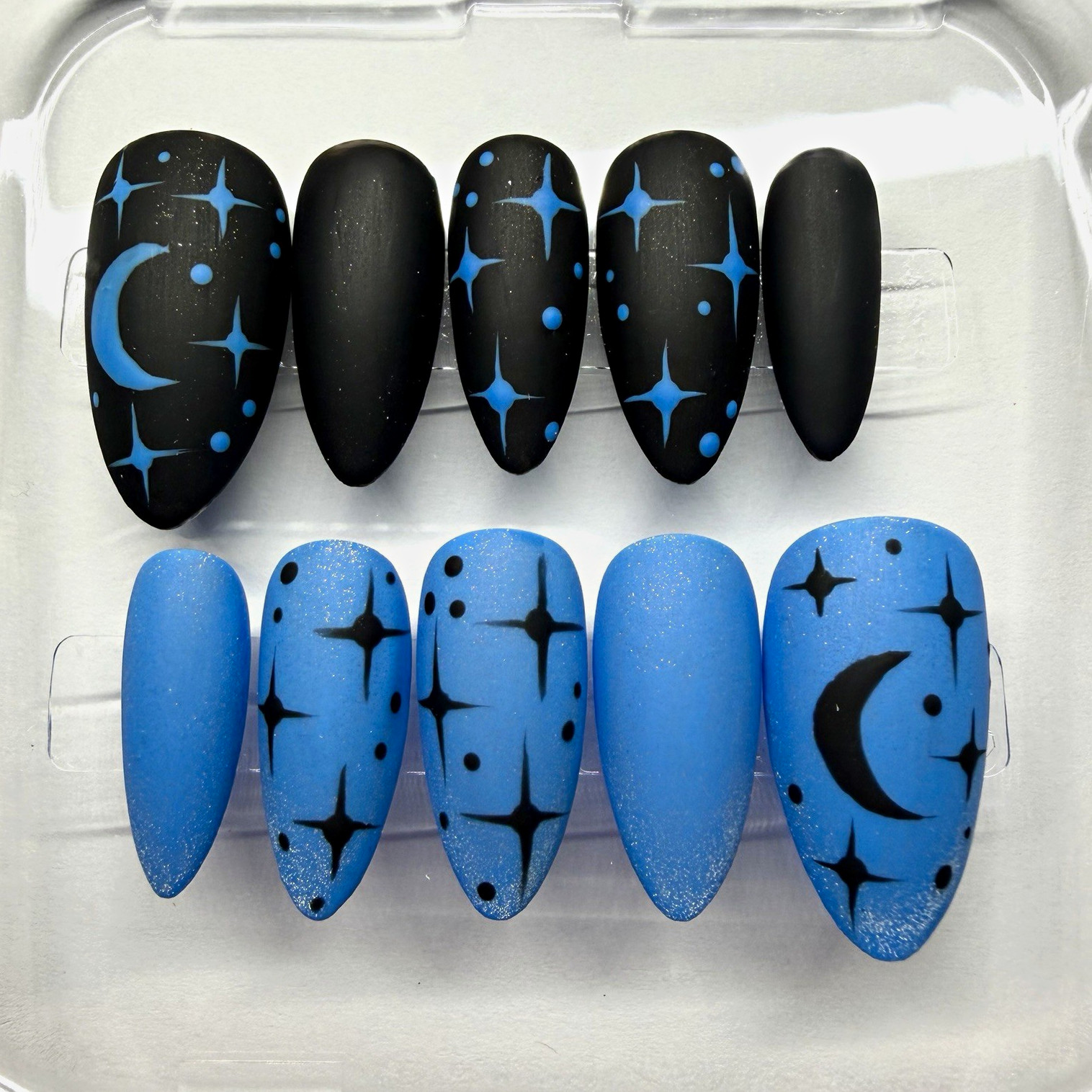 Blue & Black Matte Moon Star Almond Long Full Cover Press-On Nails Set