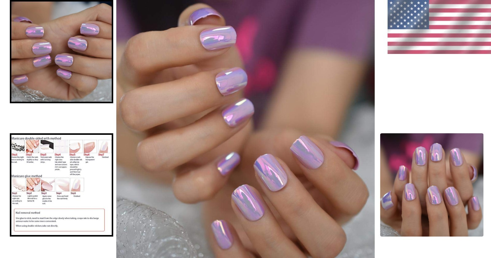 Luxury Holographic Short Square Nails in Pink Purple – 24 Count Gel Tips