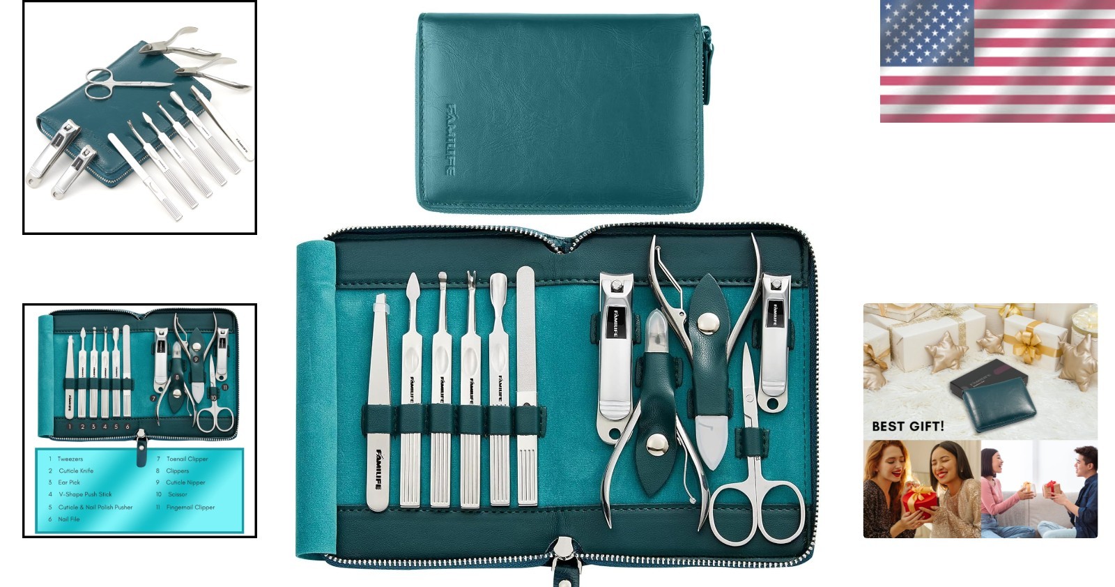 Stylish Blue Leather Manicure Kit – 11 Stainless Steel Tools for All Nail Types