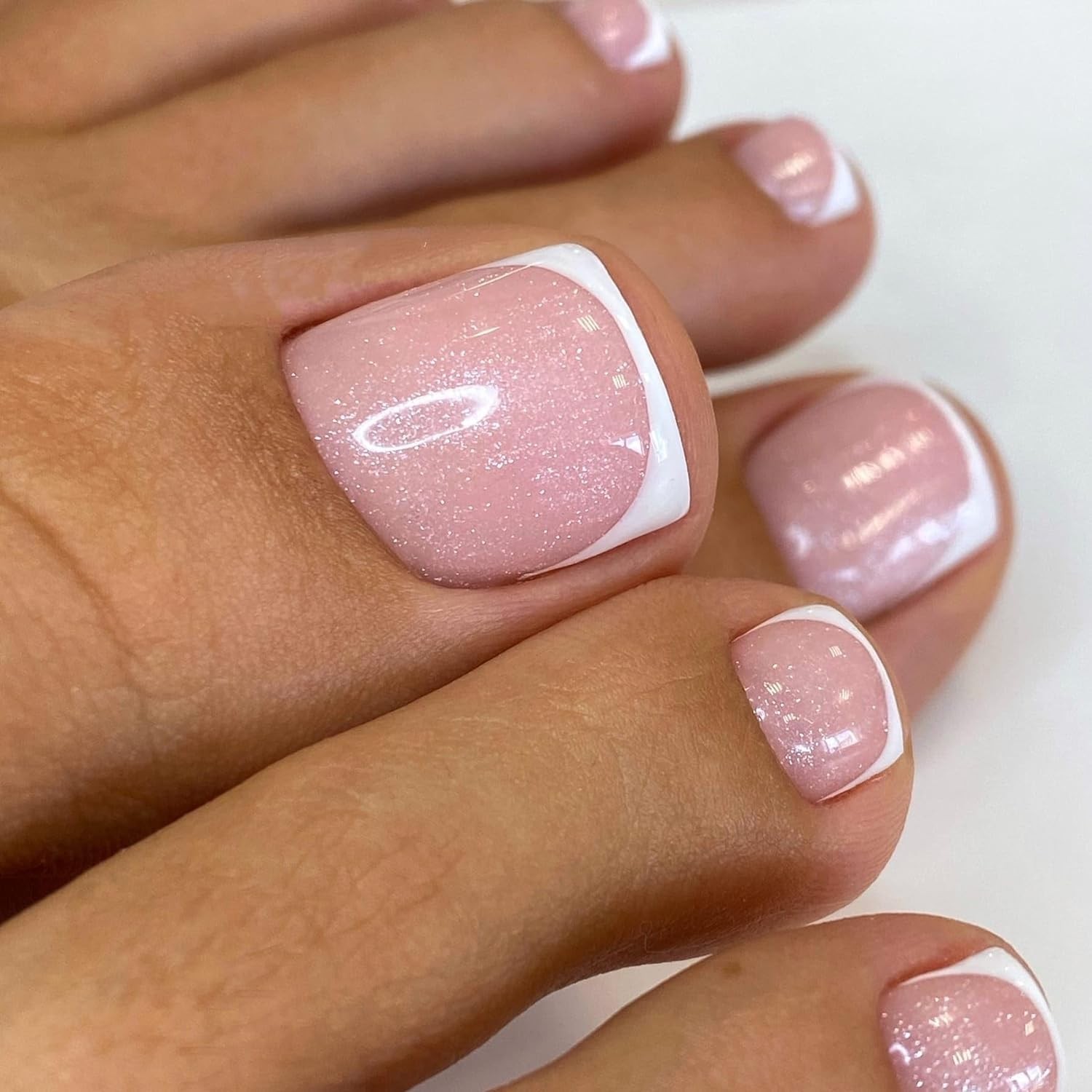 24PCS White French Tip Press on Toenails Short Square Natural Nude Glitter Fa…