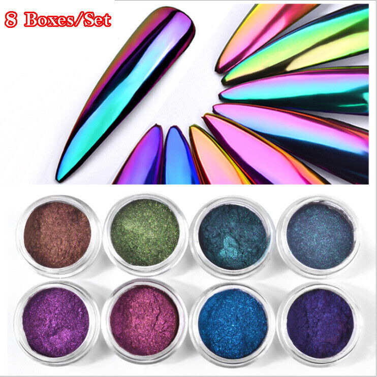 8 Boxes/Set Mirror Nail Art Glitter Powder Nail Chrome Pigment Dust Manicure Tip
