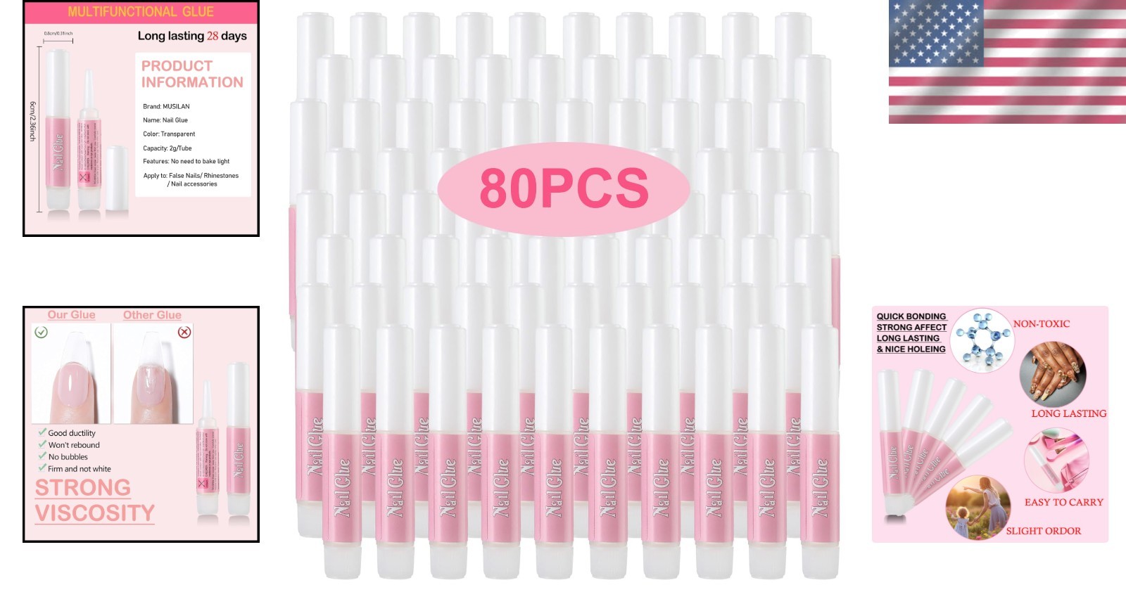 Versatile Nail Glue Set – 80PCS Super Strong Adhesive for All Nail Applications
