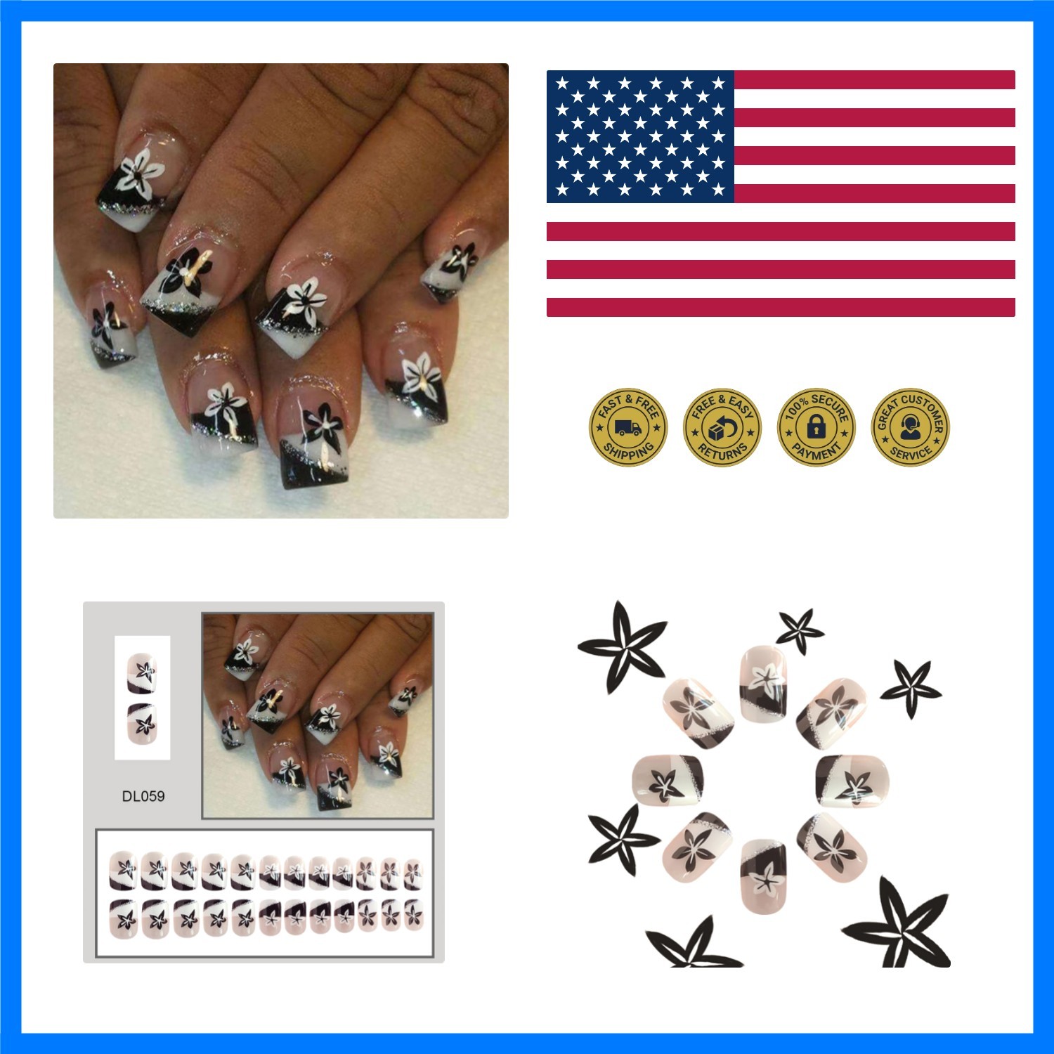 24Pcs French Tip Press on Nails Short Square Fake Nails with Black White Desi…