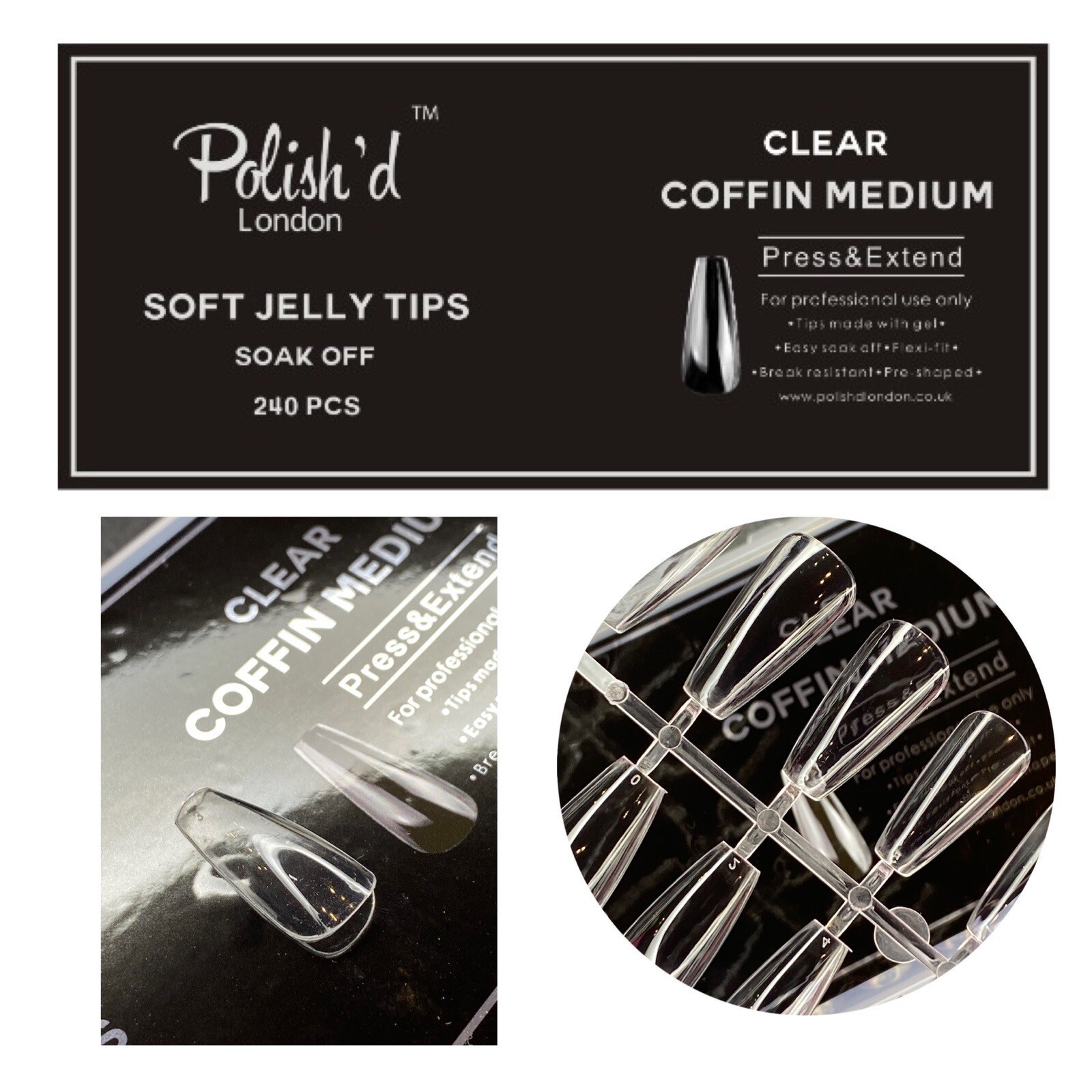 Soft gel full cover nail tips Soak off Clear Coffin Medium 240 pcs
