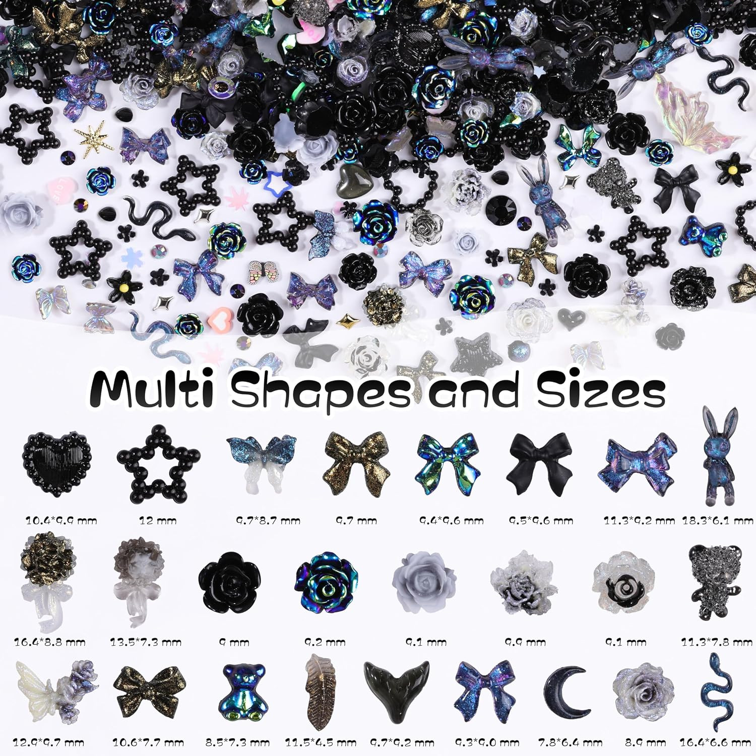 1500Pcs 3D Black Nail Charms for Acrylic Nails, Resin Butterfly Flower Star Hear