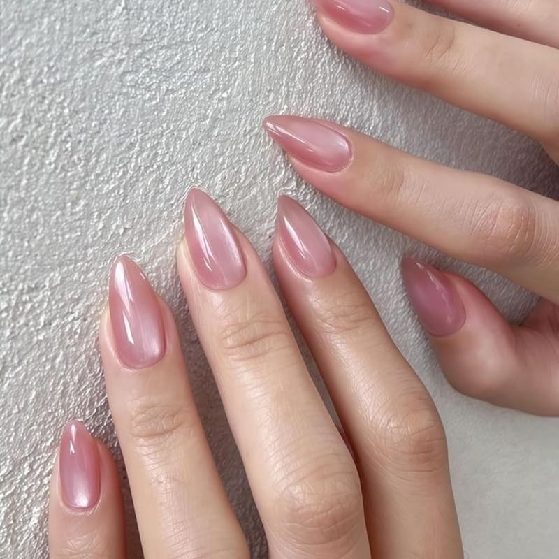 Pink Cat Eye Press on Nails Medium Almond Fake Nails Chrome False Style 12