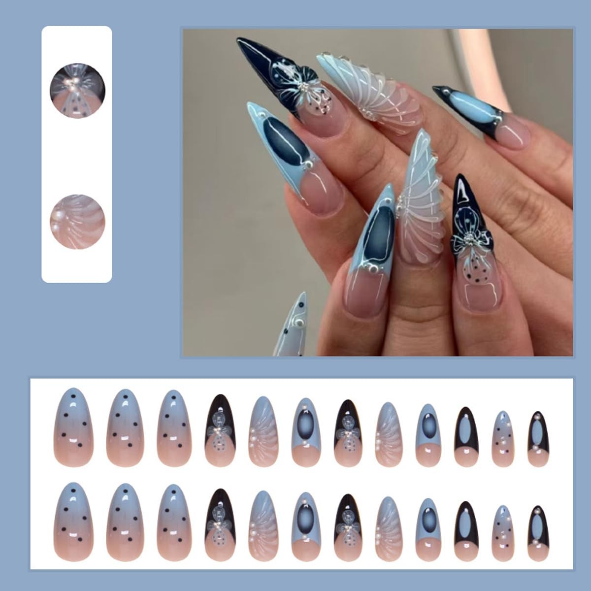 24Pcs French Tip Press On Nails Blue Black Long Almond Fake Nails Flower Fals…