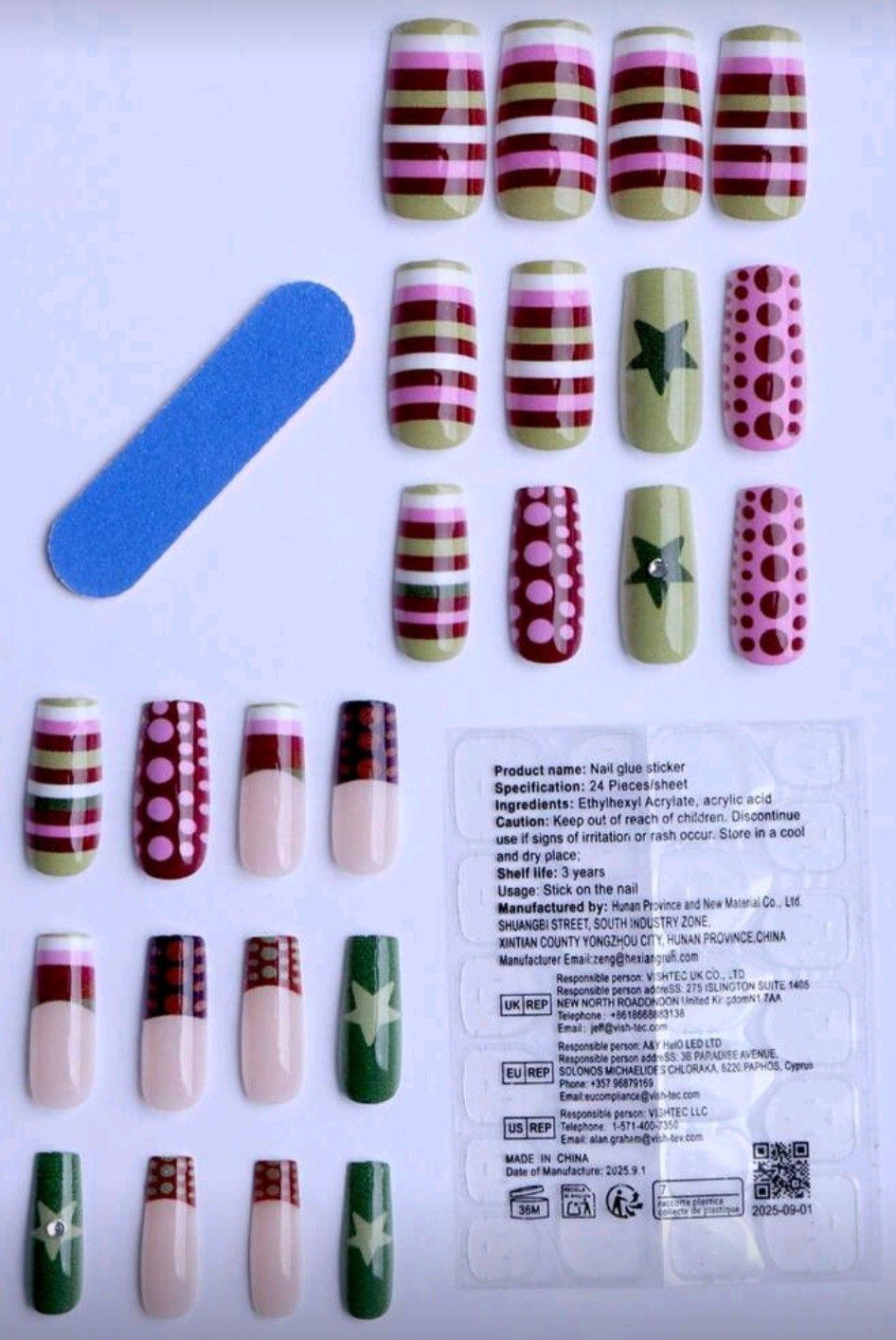 Press-On Nails Pop Art Stripes Dots Stars 3D Rhinestone Accents Long Coffin