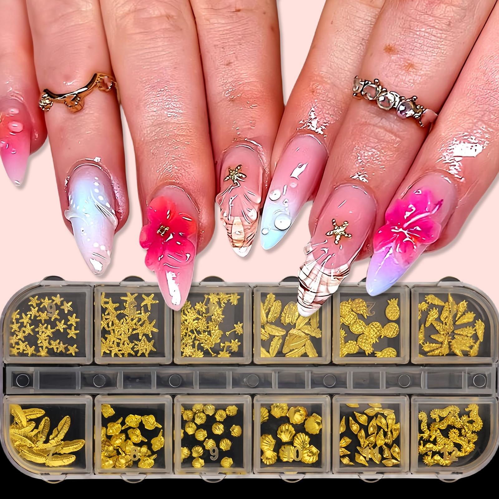3D Metal Nail Art Studs Mixed Shapes Gold Shell Seahorse Starfish Conch Alloy…