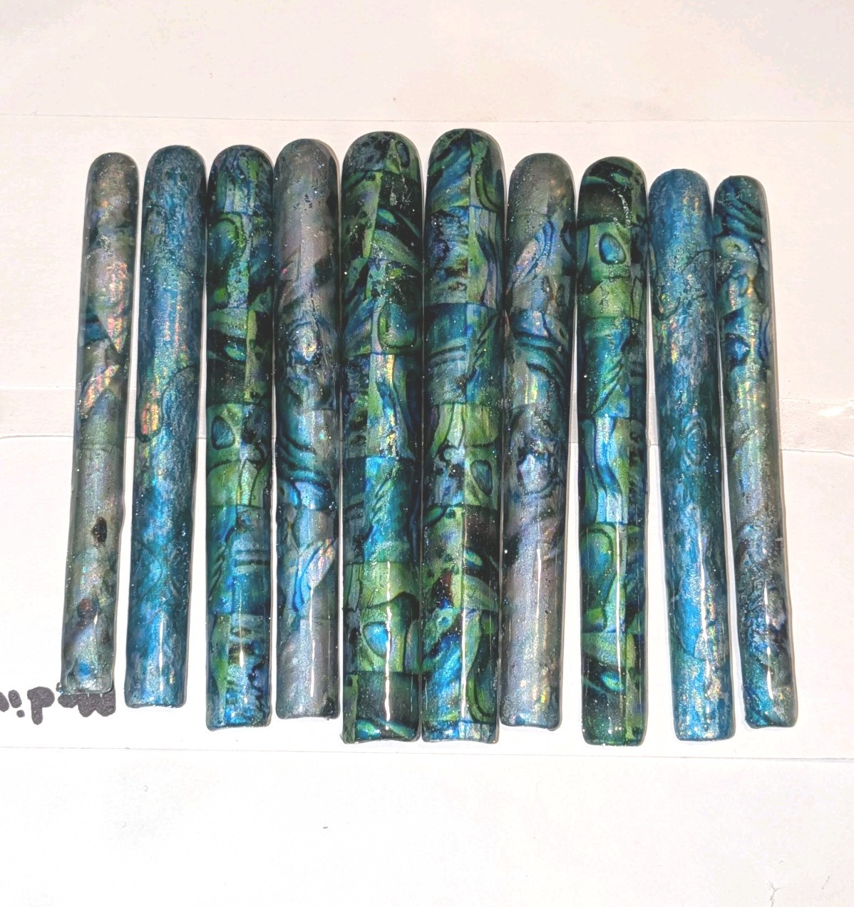 Hand Crafted 6Xl Acrylic Teal and Blue Marble Long Press-On Nails Sz Medium
