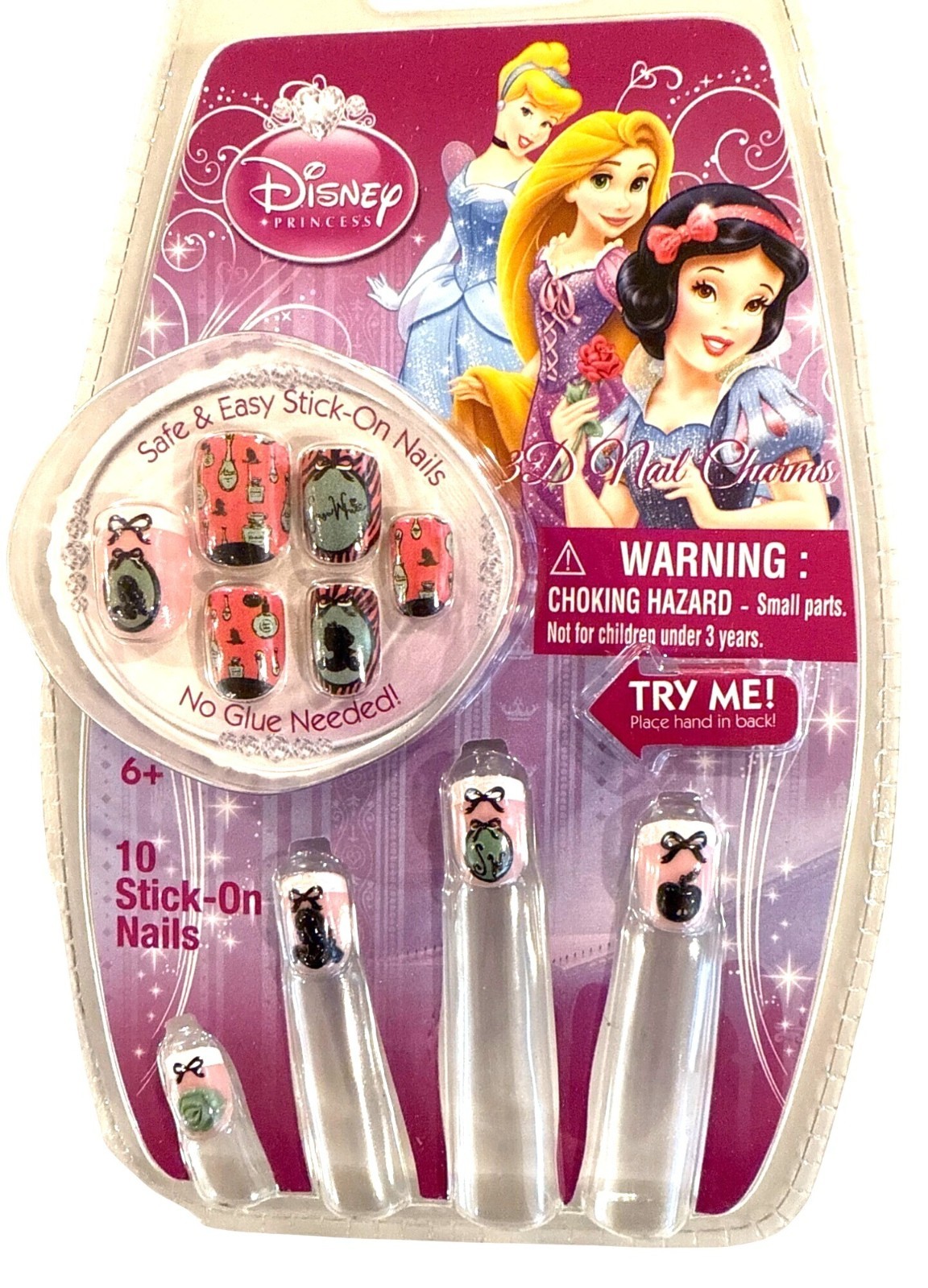 Disney PRINCESS 10 Press-On Nails Pink+Green+Black 3D CHARMS Mirror SNOW WHITE