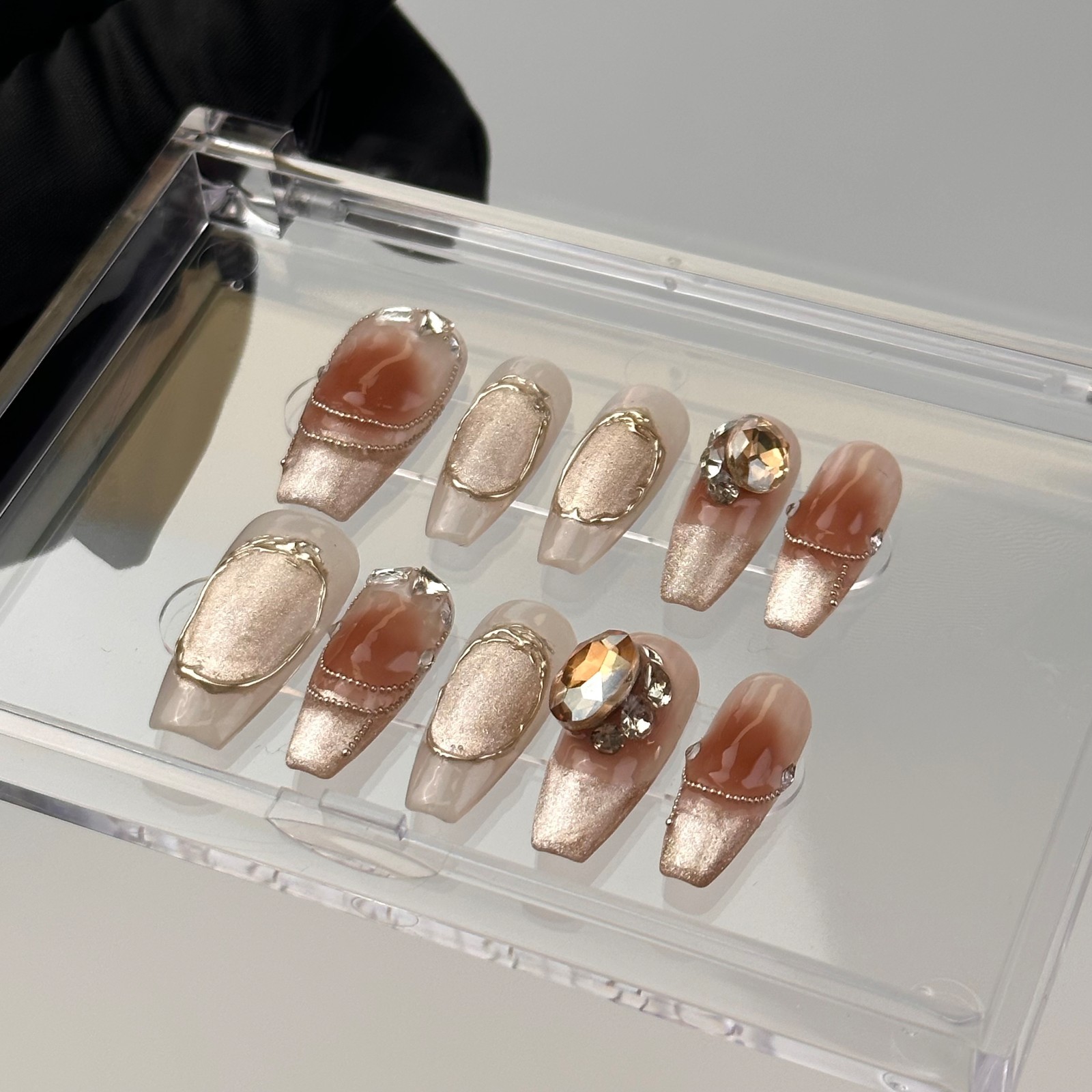 Marble Brown Cat Eye Amber Press On Nails, 3D Gold Luxury Handmade Nail Set