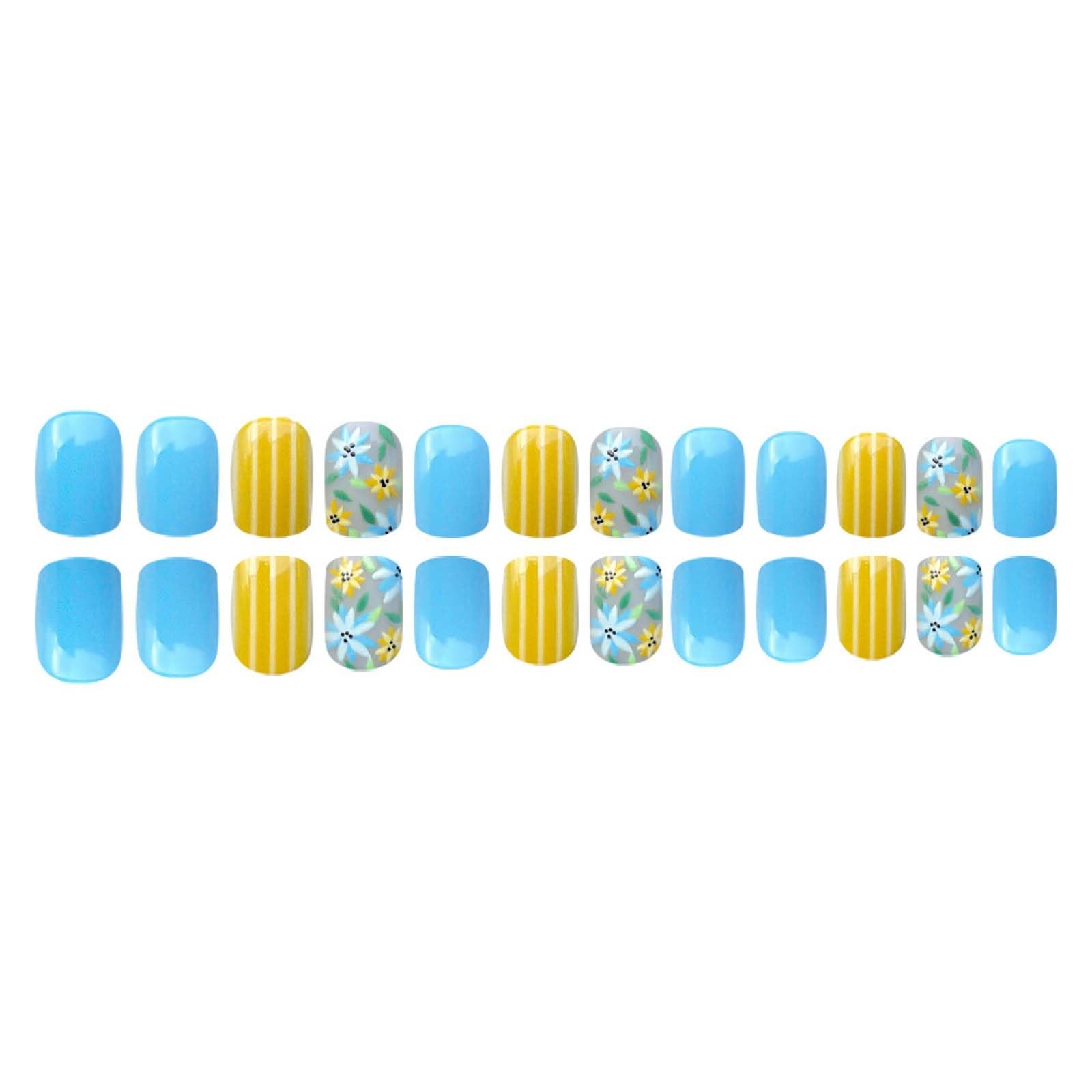 24Pcs Short Press on Nails Spring Blue Yellow Flower Fake Nails with Stripe S…