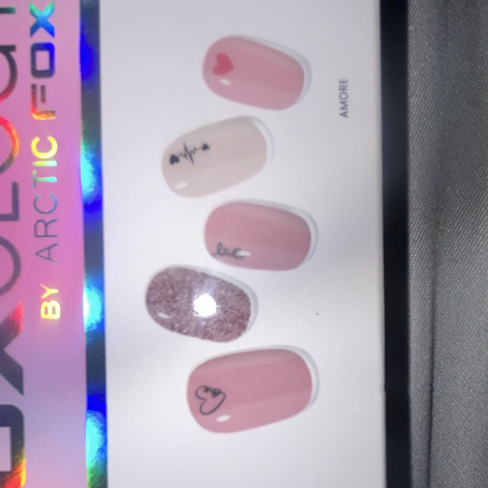 Foxology Gel Nail Strips Set Amore Pink Heart Glitter Oval Short w/ Gel Top Coat