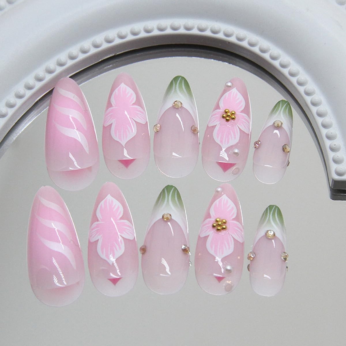 24Pcs Flowers Press on Nails Medium Almond French Tip Fake Nails with Glue Pi…