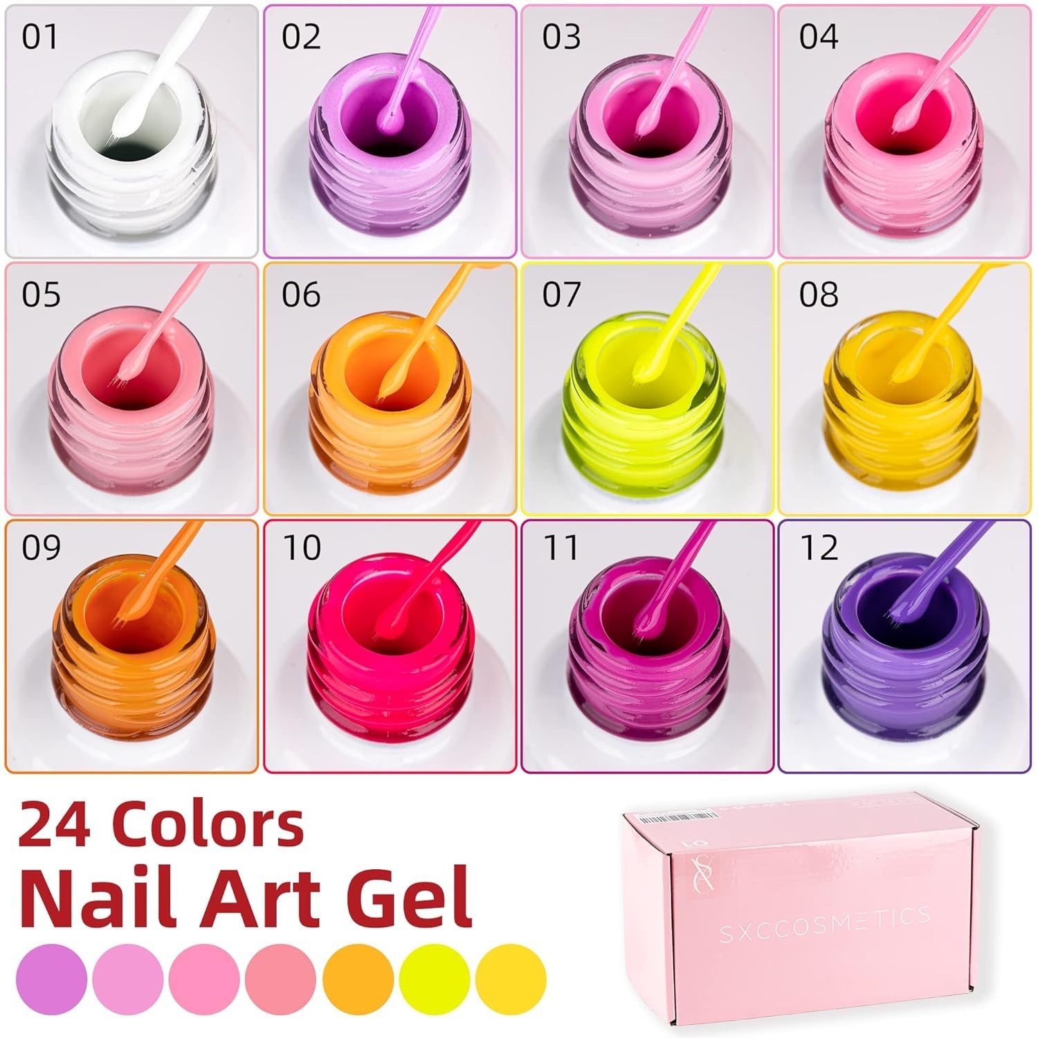 24-Color Gel Liner Set for Nail Art Cosmetics with Built-in Thin Brush for Swirl