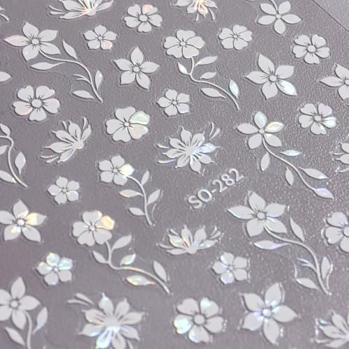 White Flower Nail Stickers – 3D Self-Adhesive Shiny Crystal Floral Pearly White