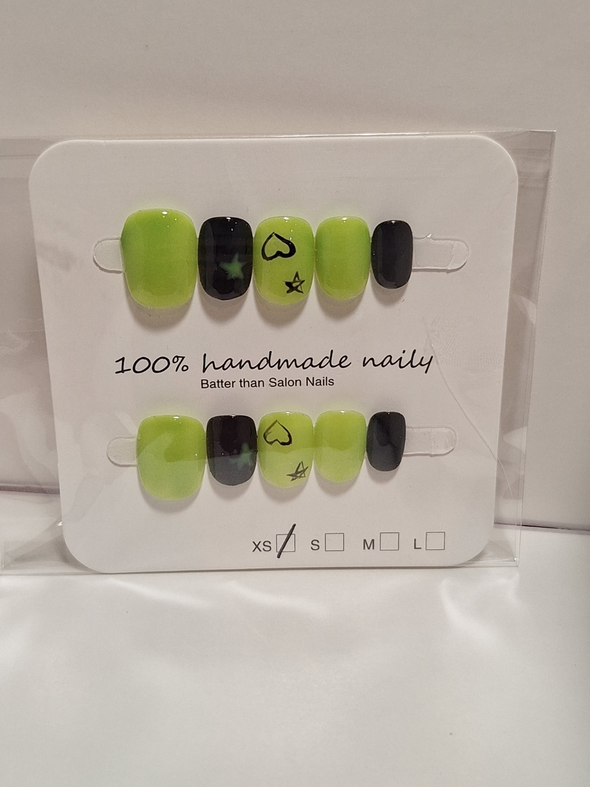 XS Press-On Nails Green Black Shiny Square Heart Star Full Cover