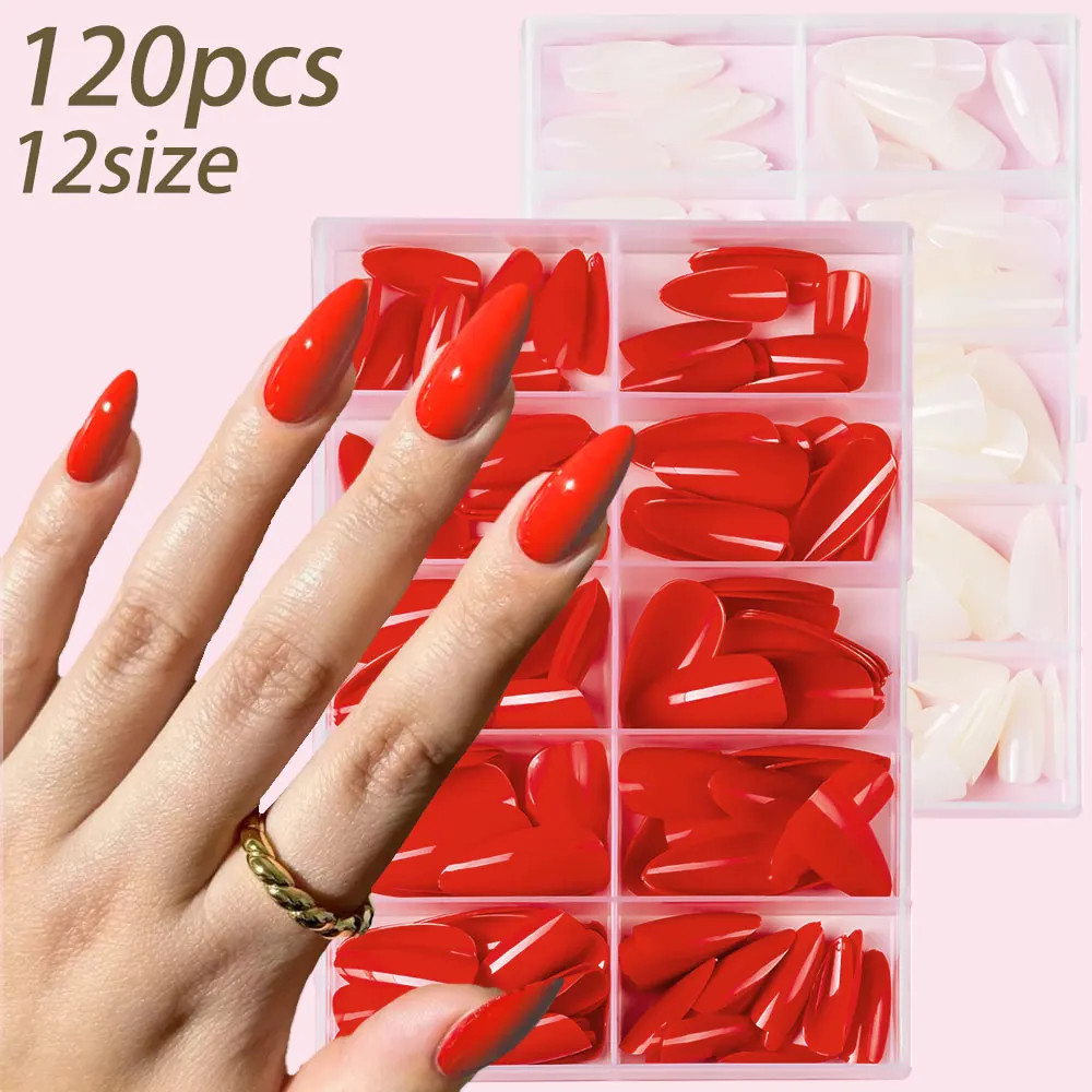 120Pcs Short Almond Press On Nails Cherry Red Milky White Fake Nails