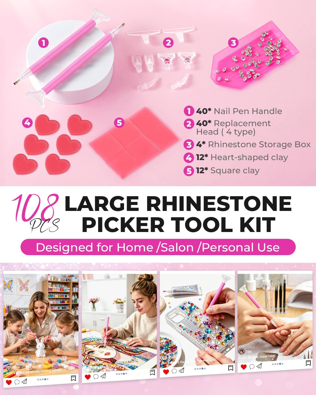 108Pcs Rhinestone Picker Tool Kit: 40Pcs Dual-Ended Handle, Bedazzling Tools Pen