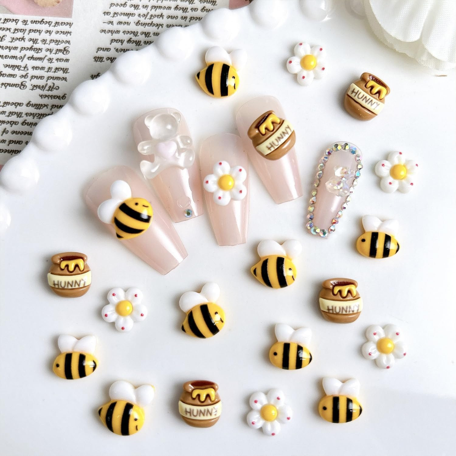 20 Pcs Cartoon Bee Nail Charms for Nail Art Cute Flower Nail Charms Resin