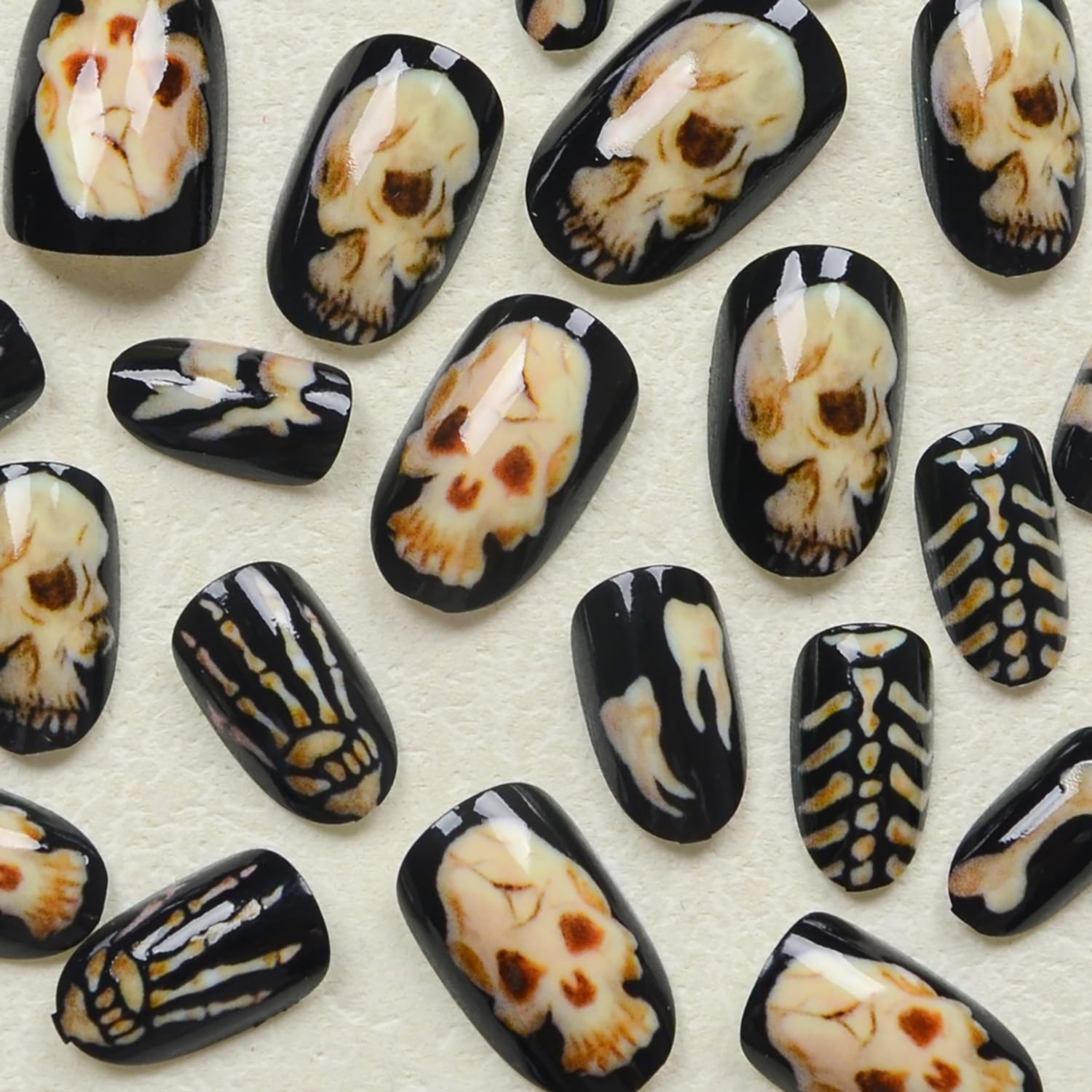 Halloween Skeleton Press on Nails Almond Shaped Fake Nails Glossy Acrylic Pre…