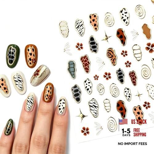 Leopard Print Nail Stickers – 3D Gold Embossed Nail Decals, Self Style4