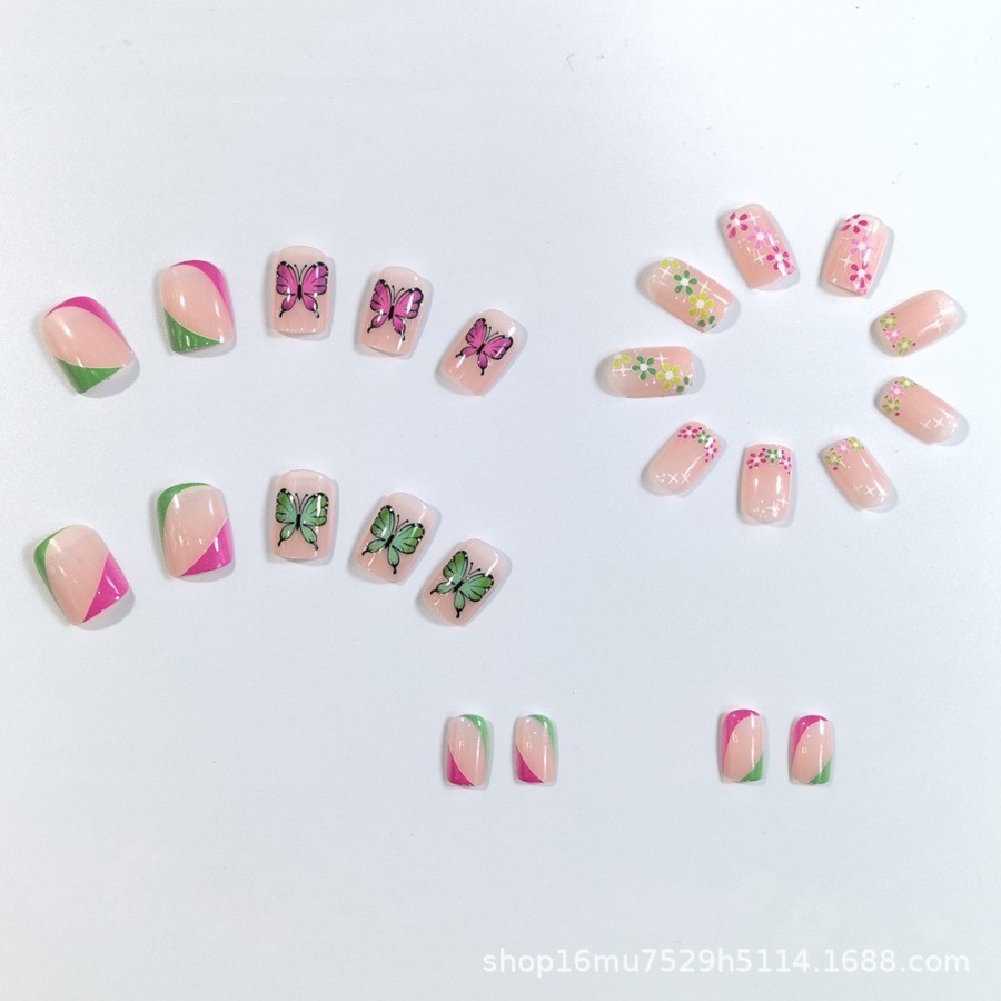 48pcs-Cute Pink Nude Nail, Press On with Green Pink Floral and Butterfly Designs