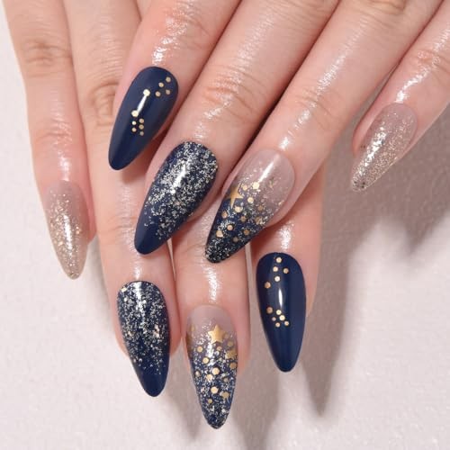 24Pcs – Medium Almond – Ombre Blue & Star Press – 24 Ounce