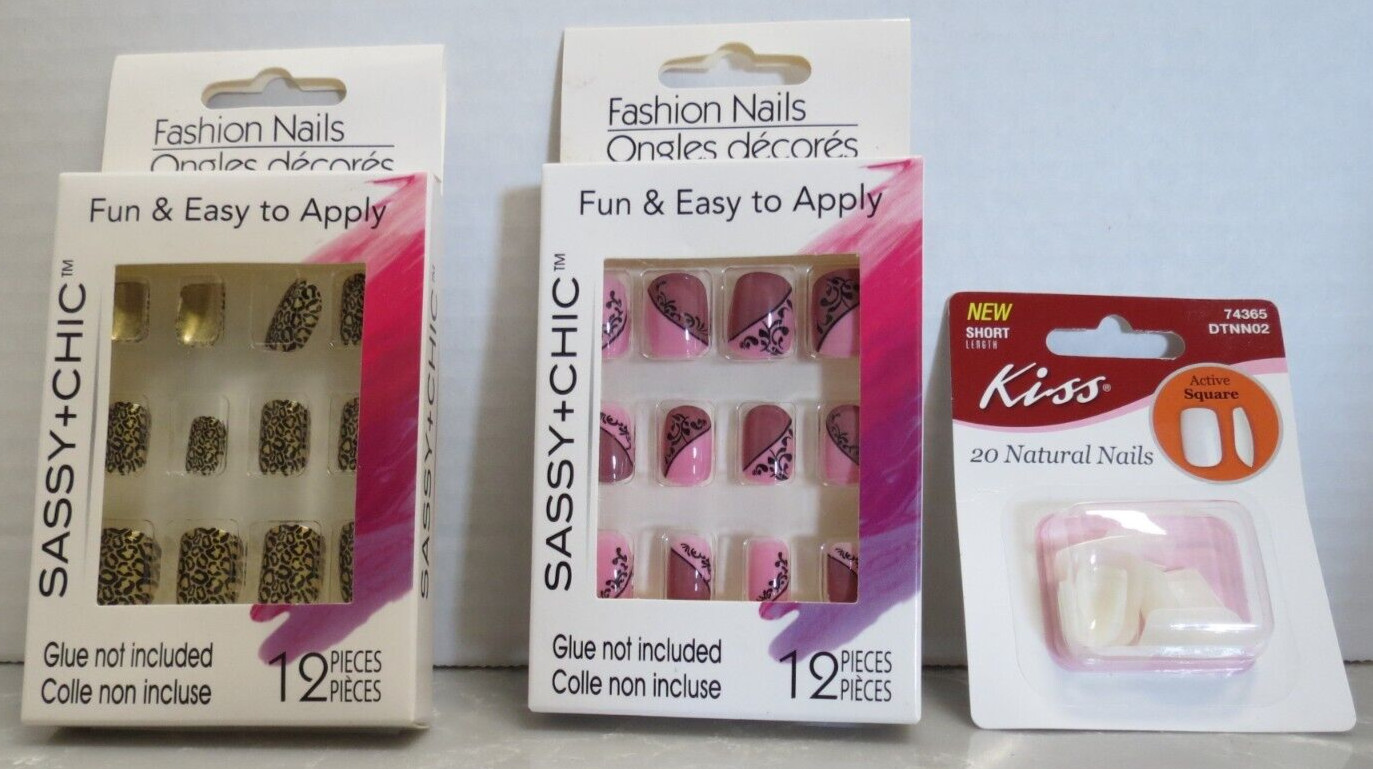 2 Packs 12pc Sassy+Chic Fashion Nails & 1pk 20 Kiss Short Length Natural Nails
